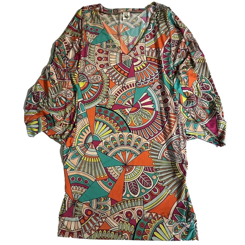 Cremeux Medium Geometric Print Swim Cover Up Kimono Sleeve Beach Tunic Boho